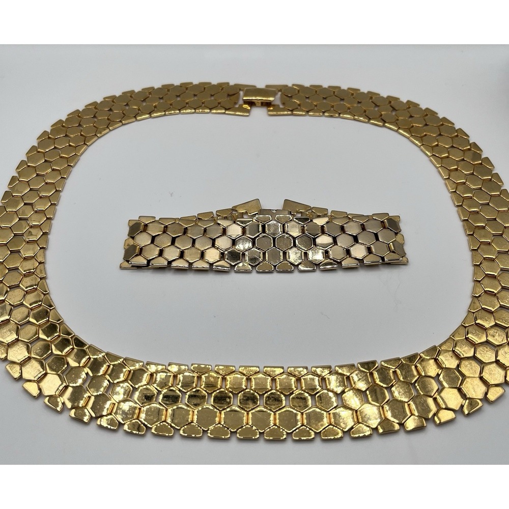 Vintage Gold Tone Hexagonal Honeycomb Link Bracelet & Collar Necklace READ MORE